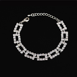 silver Bride Bracelet & Chain Set with Sparkling Rhinestones - Elegant Wedding Accessories.
