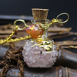Rose Quartz Natural Rose Quartz Chips Perfume Bottle Necklace, Glass Pendant Necklace with Alloy Chains for Women, 19.69 inch(50cm)