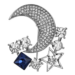 Aquamarine Rhinestone Crescent Moon & Star Lapel Pin, Platinum Plated Alloy Badge for Backpack Clothes, Aquamarine, 36x41mm