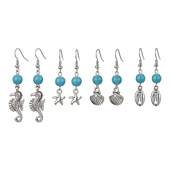 Antique Silver Synthetic Turquoise Beaded Dangle Earrings, Tibetan Style Alloy Ocean Theme Earrings, Mixed Shape, Antique Silver, 40~56x8~12mm