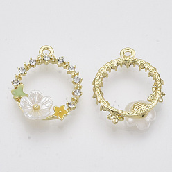 Colorful Alloy Enamel Pendants, with Acrylic and Crystal Rhinestone, Round Ring with Flower, Light Gold, Colorful, 22~23x18.5x5mm, Hole: 1.6mm