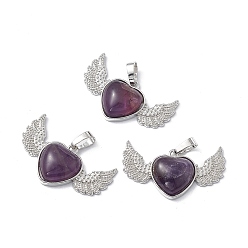 Amethyst Natural Amethyst Pendants, Heart Charms with Wing, with Platinum Tone Brass Findings, 22x37.5x7mm, Hole: 7.5x5mm