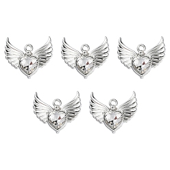 Clear Rack Plating Alloy Glass Pendants, Cadmium Free & Lead Free & Nickle Free, Platinum, Faceted Heart Charm with Wing, Clear, 20x22x4mm, Hole: 1.8mm