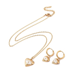 Golden White Enamel Heart with Evil Eye Dangle Hoop Earrings and Pendant Necklace, Vacuum Plating 304 Stainless Steel Jewelry Set for Women, Golden, 17.72 inch(45cm), 29mm, Pin: 1mm