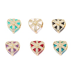 Mixed Color Brass Micro Pave Claer Cubic Zirconia European Beads, with Enamel, Large Hole Beads, Real 18K Gold Plated, Long-Lasting Plated, Heart, Mixed Color, 11x11x9mm, Hole: 4mm