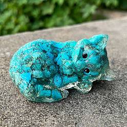 Synthetic Turquoise Resin Sleeping Cat Display Decoration, with Synthetic Turquoise Chips inside Statues for Home Office Decorations, 75x52x40mm