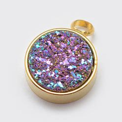 Colorful Electroplated Natural Druzy Agate Charms, with Brass Findings, Flat Round, Golden, Colorful, 12x9x4mm, Hole: 2mm