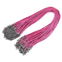 Hot Pink Waxed Cotton Cord Necklace Making, with Alloy Lobster Claw Clasps and Iron End Chains, Platinum, Hot Pink, 17.12 inch(43.5cm), 1.5mm