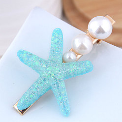 Blue 015063215 Simple Starfish Hair Clip for Women, Side Clip with Bangs, Fashionable.