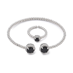 Черный Круглые латунные браслеты-манжеты и кольца с микропаве из кубического циркония для женщин, стойки покрытие, платина, чёрные, браслет: 3~10.5ширина мм, внутренний диаметр: 50x57 мм