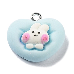 Sky Blue Heart with Rabbit Opaque Resin Pendants, Animal Charms with Platinum Plated Iron Loops, Sky Blue, 18x20x8mm, Hole: 2mm