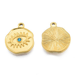 Real 18K Gold Plated 304 Stainless Steel Pendants, with Sapphire Rhinestone, Nuggets with Eye, Real 18K Gold Plated, 19x16x2.5mm, Hole: 1.2mm