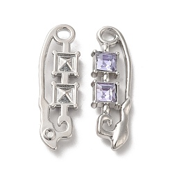 Lavender Alloy Pendant, with Glass, Platinum, Lead Free & Cadmium Free, Safety Pin Charm, Lavender, 35x10.5x4mm, Hole: 3mm