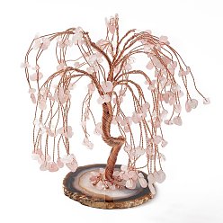 Rose Quartz Natural Rose Quartz Tree Display Decoration, Agate Slice Base Feng Shui Ornament for Wealth, Luck, Rose Gold Brass Wires Wrapped, 64~95x75~125x140~170mm