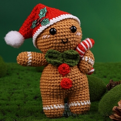 Gingerbread Man Рождественская тема наборы для вязания крючком своими руками для начинающих, включая полиэфирную пряжу, волокнистый наполнитель, игла для вязания крючком, пряжа игла, опорный провод, маркер стежка, Колобок, размер упаковки: 23x16.8см