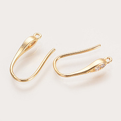 Real 18K Gold Plated Brass Cubic Zirconia Earring Hooks, Ear Wire, with Horizontal Loop, Nickel Free, Real 18K Gold Plated, 15x9x2.5mm, Hole: 1mm, 20 Gauge, Pin: 0.8mm