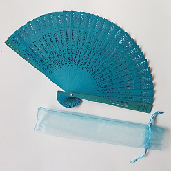Teal Wooden Folding Fan, Vintage Wooden Fan, with Organza Bag, for Party Wedding Dancing Decoration, Teal, 200mm, Open Diameter: 330mm