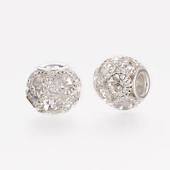 Crystal Brass Beads, with Grade A Rhinestone, Rondelle, Silver Color Plated, Crystal, 12x10mm, Hole: 4mm