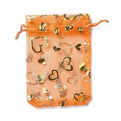 Orange Organza Drawstring Jewelry Pouches, Wedding Party Gift Bags, Rectangle with Gold Stamping Heart Pattern, Orange, 15x10x0.11cm