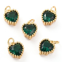 Green Real 18K Gold Plated Brass Inlaid Cubic Zirconia Charms, with Jump Ring, Long-Lasting Plated, Heart, Green, 8.5x7x4mm, Jump Ring: 4x0.5mm, 2.5mm Inner Diameter