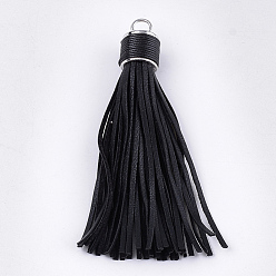 Black PU Leather Tassel Big Pendants Decorations, with Alloy Findings, Platinum, Black, 111~114x16~17mm, Hole: 6mm