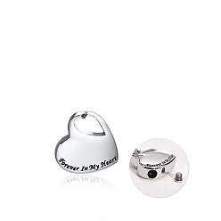 Stainless Steel Color Openable 316L Surgical Stainless Steel Memorial Urn Ashes Pendants, Heart with Word Forever In My Heart, Stainless Steel Color, 21x20mm