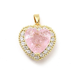 Pink Brass Micro Pave Clear Cubic Zirconia Pendants, with Faceted Glass, Heart Charm, Real 18K Gold Plated, Pink, 18.5x17x9.5mm, Hole: 5x3mm