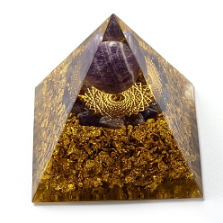 Amethyst Orgonite Pyramid, Resin Pointed Home Display Decorations, with Natural Amethyst and Brass Findings Inside, 50x50x50mm