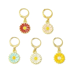 Mixed Color Alloy Enamel Sunflower Pendant Decorations, with 304 Stainless Steel Leverback Earring Findings, Mixed Color, 32mm