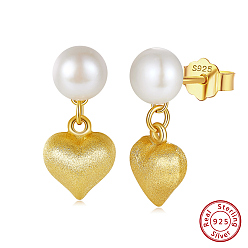 Real 14K Gold Plated 925 Sterling Silver Heart Dangle Stud Earrings, with Natural Pearl, with S925 Stamp, Real 14K Gold Plated, 17x8mm