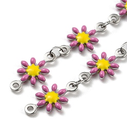 Violet 304 Stainless Steel Flower Link Chain, with Enamel, with Spool, Unwelded, Violet, 12.5~13x7~8x2mm, 5m/roll