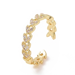 Golden Clear Cubic Zirconia Heart Open Cuff Ring, Brass Jewelry for Women, Golden, Inner Diameter: 18mm