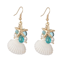White Shell Pearl & Glass & Starfish Cluster Dangle Earrings, Golden Brass Jewelry for Women, White, 53mm, Pin: 0.6mm