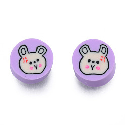 Lilac Handmade Polymer Clay Beads, Flat Round with Rabbit, Lilac, 8.5~9.5x4mm, Hole: 1.6mm
