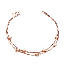 Rose Gold SHEGRACE 925 Sterling Silver Anklet, with Double Layered Chains and Stars, Rose Gold, 8-1/4 inch(210mm)