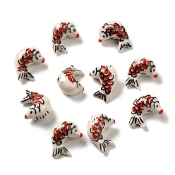 Red Handmade Printed Porcelain Beads, Famille Rose Porcelain, Fish, Red, 14~15x20~20.5x10~10.5mm, Hole: 1.8~2mm