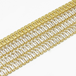 Raw(Unplated) Brass Rectangle Cubic Zirconia Chains, Cubic Zirconia Cup Chain, Lead Free & Nickel Free, Raw(Unplated), 5.5x2.5x2.5mm, about 316pcs/m