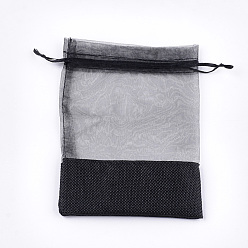 Black Organza Bags, with Burlap Cloth, Drawstring Bags, Rectangle, Black, 17~18x12.4~13cm