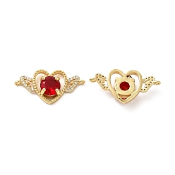 Crimson Rack Plating Brass Micro Pave Clear Cubic Zirconia Connector Charms, Heart with Wing Links, with Faceted Glass, Cadmium Free & Lead Free, Real 18K Gold Plated, Crimson, 14.3x28.5x6mm, Hole: 1.2mm
