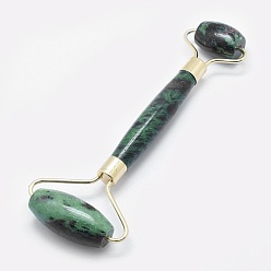 Ruby in Zoisite Natural Ruby in Zoisite Brass Face Massager, Facial Rollers, Golden, 146~150x54~58x19~22mm