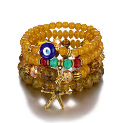 Huangka B0036-22 Bracelet multicouche de style bohème avec breloques en métal étoile de mer et mauvais œil