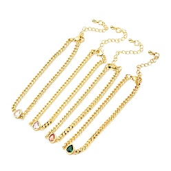 Mixed Color Cubic Zirconia Teardrop Link Bracelet with Curb Chains, Gold Plated Brass Jewelry for Women, Lead Free & Cadmium Free, Mixed Color, 7 inch(17.7cm)