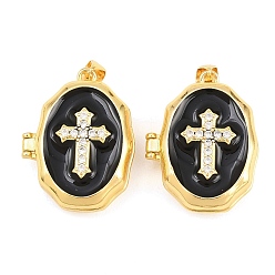 Черный Подвески латуни медальон, с эмалью и прозрачным кубическим цирконием, без кадмия и без свинца, реальный 18 k позолоченный, стойки покрытие, долговечный, крест с овальными подвесками, чёрные, 27x21x9 мм, отверстие : 3x5 мм