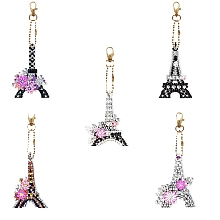 Eiffel Tower DIY Diamond Painting Keychain Kits, Including Acrylic Board, Keychain Clasp, Bead Chain, Resin Rhinestones Bag, Diamond Sticky Pen, Tray Plate and Glue Clay, Eiffel Tower, 65~145x45~90mm, 5pcs/set