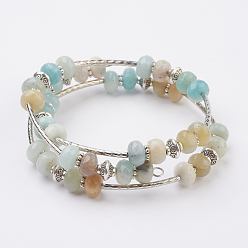 Flower Amazonite Natural Flower Amazonite Beads Wrap Bangles, 3-Loop, with Tibetan Style Bead, Tibetan Style Alloy Spacer and Brass Tube Bead, 2-1/8 inch(54mm)