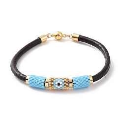 Sky Blue Japanese Seed Column with Evil Eye Beaded Bracelet with Cowhide Cords for Women, Sky Blue, 7-5/8 inch(19.5cm)
