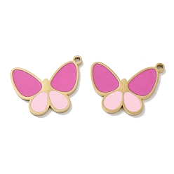 Hot Pink Ion Plating(IP) 304 Stainless Steel Pendants, with Enamel, Butterfly Charm, Golden, Hot Pink, 16.5x21x1.5mm, Hole: 1.6mm
