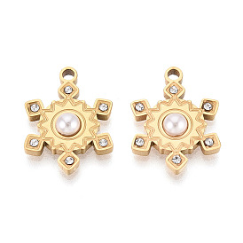 304 Подвески из нержавеющей стали со стразами и имитацией жемчуга из АБС-пластика, прелести снежинки, ионное покрытие (ip)