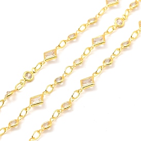 Brass Flat Round & Rhombus Link Chains, with Clear Cubic Zirconia, Lead Free & Cadmium Free, Soldered, with Spool