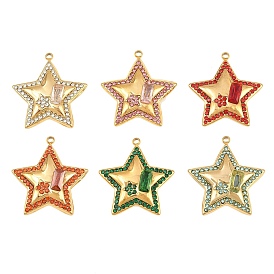 304 Stainless Steel Rhinestone Pendants, Star with Rectangle Charms, Ion Plating(IP), Real 18K Gold Plated
